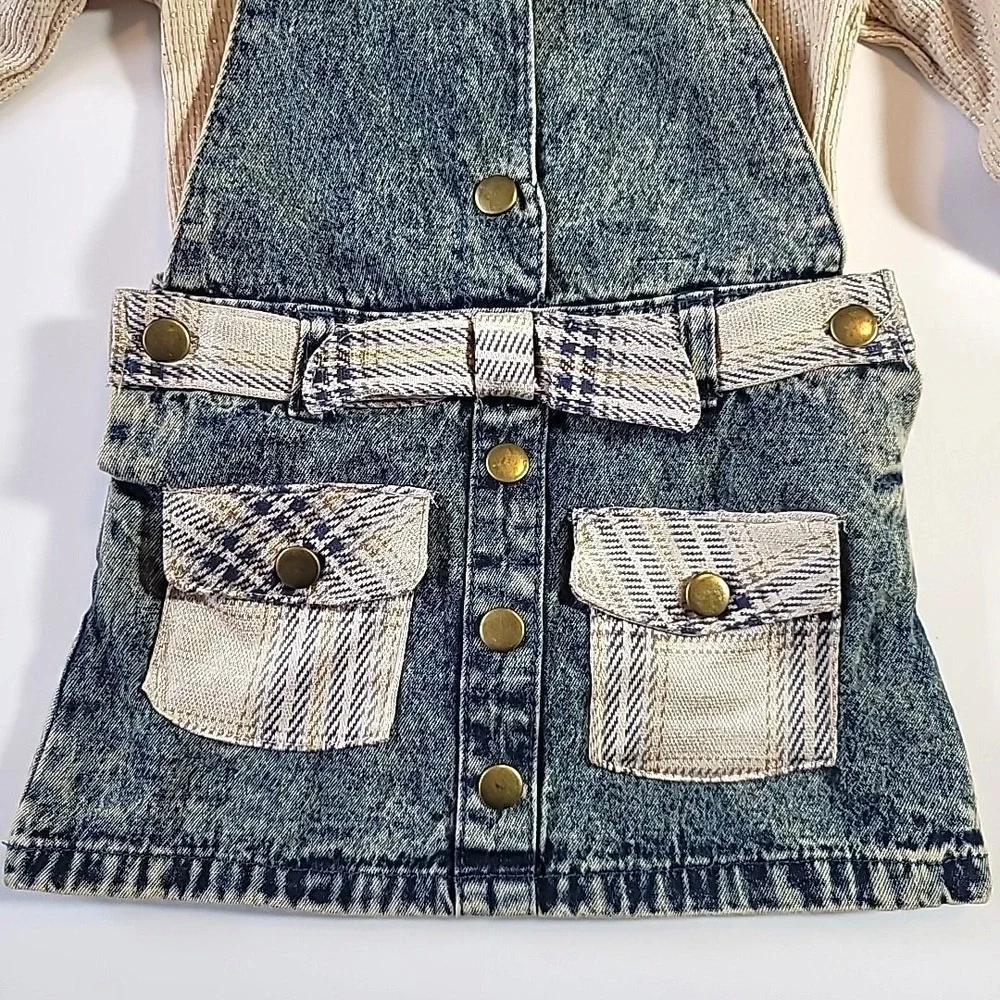 Little Lass Baby Girl Size 18M Denim Jean Bib & Plaid Dress-Bodysuit & Headband